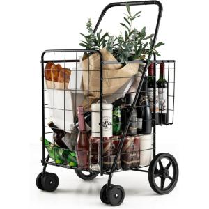 imageGoplus Jumbo Folding Shopping Cart with Rolling Swivel Wheels Foldable Grocery Cart on Wheels with Double Basket Heavy Duty Utility Cart Shopping Carts for Groceries Laundry Book Luggage TravelBlack