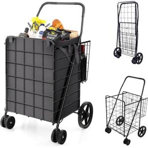 imageGoplus Jumbo Folding Shopping Cart with Rolling Swivel Wheels Foldable Grocery Cart on Wheels with Double Basket Heavy Duty Utility Cart Shopping Carts for Groceries Laundry Book Luggage TravelBlackupgraded