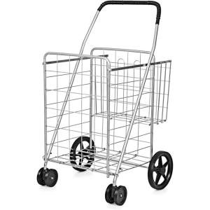 imageGoplus Jumbo Folding Shopping Cart with Rolling Swivel Wheels Foldable Grocery Cart on Wheels with Double Basket Heavy Duty Utility Cart Shopping Carts for Groceries Laundry Book Luggage TravelSilver