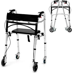 imageGoplus Walkers for Seniors 4in1 Folding Walker with 5 Wheels Detachable Seat Height Adjustable Stand Up Walker Medical Walking Mobility Aid 350lbs Rolling Walker for Adult Bariatric Handicap