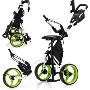 imageGoplus 3 Wheel Golf Push Cart Lightweight Foldable Caddy Cart wAdjustable Seat Handle Umbrella Holder Foot Brake Golf Trolley for Golf Bags Collapsible Golf Pull Cart for Men WomenGreen