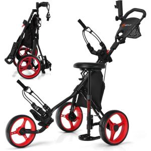 imageGoplus 3 Wheel Golf Push Cart Lightweight Foldable Caddy Cart wAdjustable Seat Handle Umbrella Holder Foot Brake Golf Trolley for Golf Bags Collapsible Golf Pull Cart for Men WomenRed