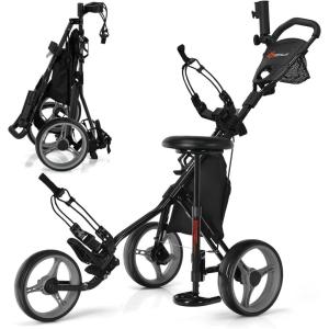 imageGoplus 3 Wheel Golf Push Cart Lightweight Foldable Caddy Cart wAdjustable Seat Handle Umbrella Holder Foot Brake Golf Trolley for Golf Bags Collapsible Golf Pull Cart for Men WomenGrey