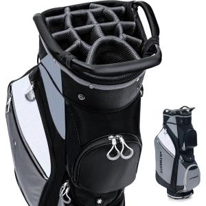 imageGoplus Golf Cart Bag with 14 Top Dividers Golf Club Bag with 7 Zipped Pockets Cooler Bag Rain Hood Detachable Shoulder Strap Lightweight Golf Bag for Men WomenGreyBlack