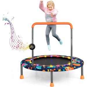imageGoplus 36quot Mini Trampoline for Kids Toddler Trampoline with LED Lights Bluetooth Speaker Removable Handle Safe Padded Cover Indoor Outdoor Small Rebounder for Child Boys GirlsNavy  Space