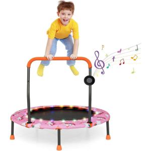 imageGoplus 36quot Mini Trampoline for Kids Toddler Trampoline with LED Lights Bluetooth Speaker Removable Handle Safe Padded Cover Indoor Outdoor Small Rebounder for Child Boys GirlsPink  Horse
