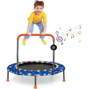 imageGoplus 36quot Mini Trampoline for Kids Toddler Trampoline with LED Lights Bluetooth Speaker Removable Handle Safe Padded Cover Indoor Outdoor Small Rebounder for Child Boys GirlsBlue  Astronaut
