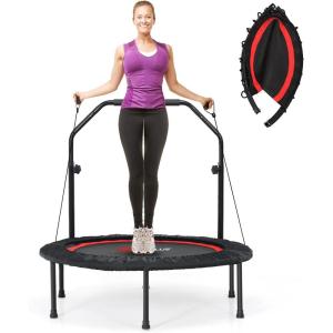 imageGoplus 40 Folding Fitness Trampoline Portable Mini Exercise Rebounder 4Level Height Adjustable Safety Handrail 2 Resistance Bands Indoor Outdoor Workout Trampoline for Adults KidsRed