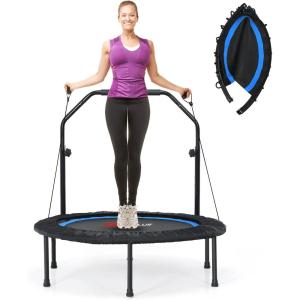 imageGoplus 40 Folding Fitness Trampoline Portable Mini Exercise Rebounder 4Level Height Adjustable Safety Handrail 2 Resistance Bands Indoor Outdoor Workout Trampoline for Adults KidsBlue