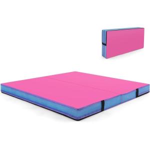 imageGoplus 4quot Thick Folding Gymnastic Mat 4ft x 4ft x 4in Thickened BiFold Fitness Mat with Carrying Handles ampamp PU Leather Cover Home Gym Tumbling Mat for Stretching Pilates Aerobics WorkoutsRoseBlue