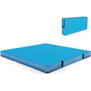 imageGoplus 4quot Thick Folding Gymnastic Mat 4ft x 4ft x 4in Thickened BiFold Fitness Mat with Carrying Handles ampamp PU Leather Cover Home Gym Tumbling Mat for Stretching Pilates Aerobics WorkoutsBlue