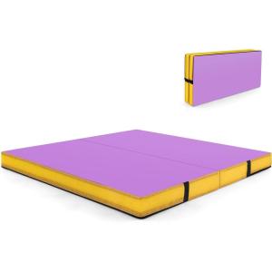 imageGoplus 4quot Thick Folding Gymnastic Mat 4ft x 4ft x 4in Thickened BiFold Fitness Mat with Carrying Handles ampamp PU Leather Cover Home Gym Tumbling Mat for Stretching Pilates Aerobics WorkoutsPurpleYellow