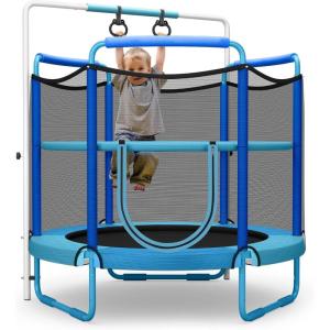 imageGoplus 60 Inch Kids Trampoline with Safety Enclosure Net 330 LBS 3in1 Mini Trampoline wSwinging Rings Adjustable Horizontal Bar 5 FT Indoor Outdoor Toddler Recreational TrampolineBlue