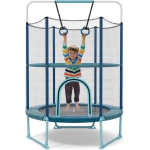imageGoplus 60 Trampoline for Kids 3in1 Toddler Trampoline with Gymnastic Bar Swinging Rings Heightened Safety Enclosure Net 5 FT Indoor Outdoor Recreational Trampoline for Boys GirlsBlue