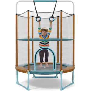 imageGoplus 60 Trampoline for Kids 3in1 Toddler Trampoline with Gymnastic Bar Swinging Rings Heightened Safety Enclosure Net 5 FT Indoor Outdoor Recreational Trampoline for Boys GirlsBlueOrange