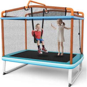 imageGoplus 6FT Kids Rectangle Trampoline 75 ASTM Approved Recreational Trampolines with Swing Horizontal Bar Mini Toddler Trampoline wEnclosure Net Seamless Cover Outdoor IndoorBlueOrange