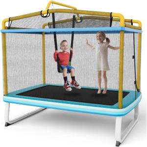 imageGoplus 6FT Kids Rectangle Trampoline 75 ASTM Approved Recreational Trampolines with Swing Horizontal Bar Mini Toddler Trampoline wEnclosure Net Seamless Cover Outdoor IndoorBlueYellow