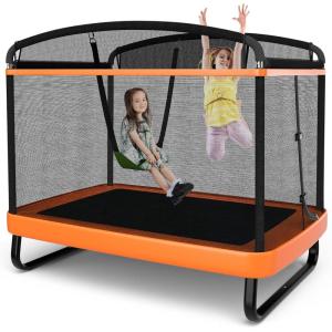 imageGoplus 6FT Kids Trampoline with Swing ASTM Approved Rectangle Recreational Trampoline wEnclosure Safety Net Galvanized Steel Frame Indoor Outdoor Baby Toddler Trampoline for Boys GirlsOrange