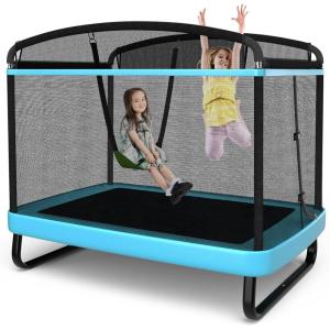imageGoplus 6FT Kids Trampoline with Swing ASTM Approved Rectangle Recreational Trampoline wEnclosure Safety Net Galvanized Steel Frame Indoor Outdoor Baby Toddler Trampoline for Boys GirlsBlue