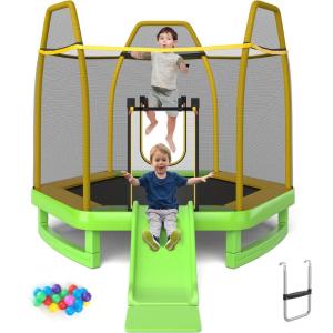 imageGoplus 7 FT Kids Trampoline with Slide 87 ASTM Approved Recreational Trampoline with Galvanized Steel Frame ampamp Safety Enclosure Net Ladder Indoor Outdoor Toddler TrampolineGreenYellow