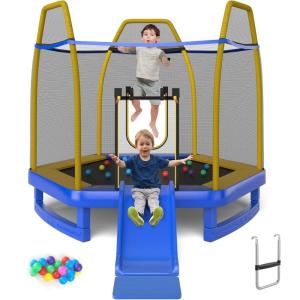 imageGoplus 7 FT Kids Trampoline with Slide 87 ASTM Approved Recreational Trampoline with Galvanized Steel Frame ampamp Safety Enclosure Net Ladder Indoor Outdoor Toddler TrampolineBlueYellow