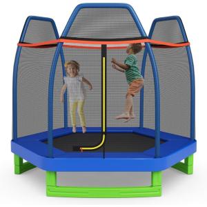 imageGoplus 7FT Trampoline for Kids ASTM Approved Trampoline with Enclosure Net Safety Pad Galvanized Steel Frame Heavy Duty Recreational Toddler Trampoline for Boys Girls Outdoor IndoorBlueGreen
