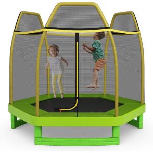 imageGoplus 7FT Trampoline for Kids ASTM Approved Trampoline with Enclosure Net Safety Pad Galvanized Steel Frame Heavy Duty Recreational Toddler Trampoline for Boys Girls Outdoor IndoorYellowGreen