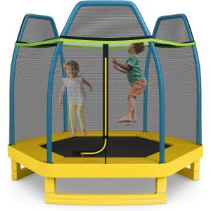imageGoplus 7FT Trampoline for Kids ASTM Approved Trampoline with Enclosure Net Safety Pad Galvanized Steel Frame Heavy Duty Recreational Toddler Trampoline for Boys Girls Outdoor IndoorBlueYellow