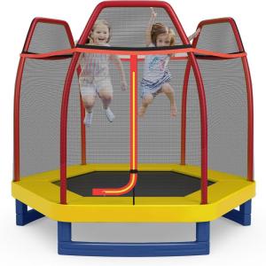 imageGoplus 7FT Trampoline for Kids ASTM Approved Trampoline with Enclosure Net Safety Pad Galvanized Steel Frame Heavy Duty Recreational Toddler Trampoline for Boys Girls Outdoor IndoorRedBlue
