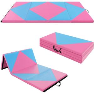 imageGoplus 8 x 4 x 2quot Gymnastics Mat Folding Tumbling Mat with Carry Handles Hook ampamp Loop Fasteners 4 Panels for Fitness Exercise Yoga Stretching Aerobics Workouts Thick Gym Mats for HomeBluePink