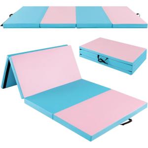 imageGoplus 8 x 4 x 2quot Gymnastics Mat Folding Tumbling Mat with Carry Handles Hook ampamp Loop Fasteners 4 Panels for Fitness Exercise Yoga Stretching Aerobics Workouts Thick Gym Mats for HomeBaby BluePink
