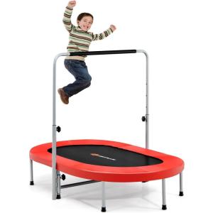imageGoplus Foldable Trampoline Double Mini Kids Trampoline Rebounder with Adjustable Central Handrail and Safety Pad Exercise Trampoline for Indoor Outdoor Cardio Max Load 330lbsRed