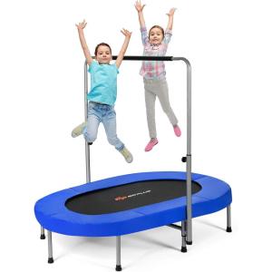 imageGoplus Foldable Trampoline Double Mini Kids Trampoline Rebounder with Adjustable Central Handrail and Safety Pad Exercise Trampoline for Indoor Outdoor Cardio Max Load 330lbsBlue