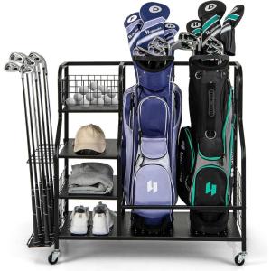 imageGoplus Golf Bag Storage Garage Organizer Extra Large Storage Stand for 2 Golf Bags Golf Clubs Removable Hooks 4 Universal Wheels Rack for Golf Accessories in Basement43x16LxW wExtra Rack