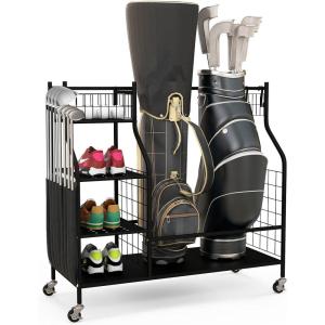 imageGoplus Golf Bag Storage Garage Organizer Extra Large Storage Stand for 2 Golf Bags Golf Clubs Removable Hooks 4 Universal Wheels Rack for Golf Accessories in Basement38x16LxW