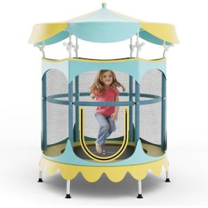 imageGoplus Kids Trampoline 64quot Toddler Trampoline with Detachable Canopy Safety Enclosure Net Foam Handle AntiRust Springs Indoor Outdoor Mini Recreational Trampoline for Boys GirlsYellowBlue