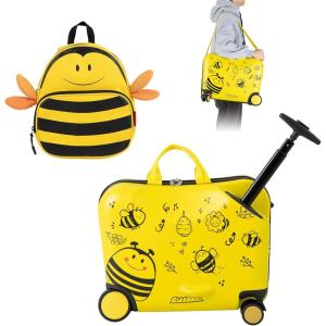 imageGoplus 2 PCS Kid Luggage 18 Ride on Suitcase WSpinner Wheels 12 Backpack WAntiLost Rope Carry Strap Sit on Rolling Carry on Luggage Set for Girls Boys Travel Yellow Bee