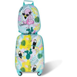 imageGoplus 2PC Kids Luggage 12quot ampamp 16quot Kids Carry On Luggage Set with 4 Spinner Wheels Lightweight Rolling Spinner Suitcase for Children Toddlers Boys and Girls TravelFlamingo