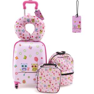 imageGoplus 5 Piece Kids Luggage Set 16 Carry on Suitcase w13 Backpack Neck Pillow Hardside Spinner Toddler Luggage Travel Rolling Suitcase for Boys Girls Gifts Pink OwlPink  Owl