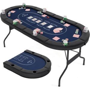 imageGoplus 72 Poker Table Foldable 8 Players Card Board Game Table wDeep Metal Cup Holders Casino Grade Felt Portable Folding Oval Blackjack Table for Texas Holdem No Assembly Required BlackBlue