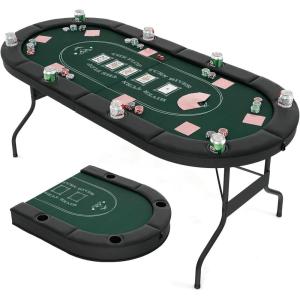imageGoplus 72 Poker Table Foldable 8 Players Card Board Game Table wDeep Metal Cup Holders Casino Grade Felt Portable Folding Oval Blackjack Table for Texas Holdem No Assembly Required BlackGreen