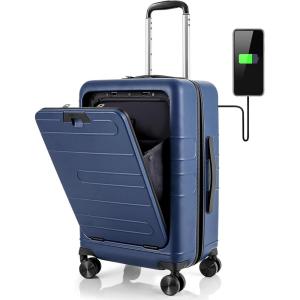 imageGoplus Carry On Luggage 20 Inch PC Hardside Suitcase with Front Pocket Foldable Tabletop USB Charging Port Double TSA Lock Spinner Wheels Lightweight Spinner Trolley for Business Trips Blue