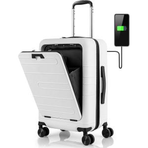 imageGoplus Carry On Luggage 20 Inch PC Hardside Suitcase with Front Pocket Foldable Tabletop USB Charging Port Double TSA Lock Spinner Wheels Lightweight Spinner Trolley for Business Trips White
