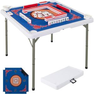 imageGoplus Classic Foldable Mahjong Table 35 Square Green 4 Cup Holders ampamp 4 Chip Grooves Foldable for Adults Domino Game CampingTable wRemovable Mat  Blue