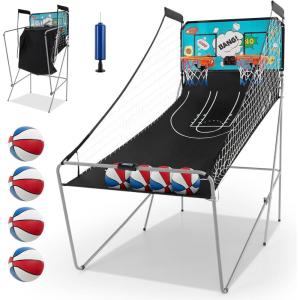 imageGoplus Foldable Dual Shot Basketball Arcade Game Basketball Hoop Game wElectronic Scoring 8 Game Modes 4 Balls Indoor Outdoor Electronic Basketball Game Machine for Kids Adults BlackGreen