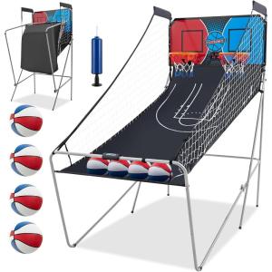 imageGoplus Foldable Dual Shot Basketball Arcade Game Basketball Hoop Game wElectronic Scoring 8 Game Modes 4 Balls Indoor Outdoor Electronic Basketball Game Machine for Kids Adults BlackRednavy