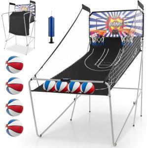 imageGoplus Foldable Dual Shot Basketball Arcade Game Basketball Hoop Game wElectronic Scoring 8 Game Modes 4 Balls Indoor Outdoor Electronic Basketball Game Machine for Kids Adults BlackWhitenavy