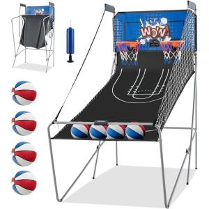 imageGoplus Foldable Dual Shot Basketball Arcade Game Basketball Hoop Game wElectronic Scoring 8 Game Modes 4 Balls Indoor Outdoor Electronic Basketball Game Machine for Kids Adults BlackNavy
