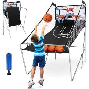 imageGoplus Foldable Dual Shot Basketball Arcade Game Basketball Hoop Game wElectronic Scoring 8 Game Modes 4 Balls Indoor Outdoor Electronic Basketball Game Machine for Kids Adults BlackWhiteblue