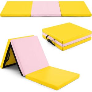 imageGoplus Folding Gymnastics Mat 6 x 2 x 2 Thick TriFold Exercise Tumbling Mat wCarrying Handles Hook ampamp Loop Fastener Gym mats for Home Fitness Yoga Aerobics Workouts Martial ArtsYellow  Pink
